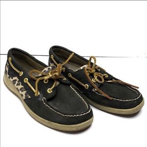 Sperry black and cheetah print boat shoe loafers